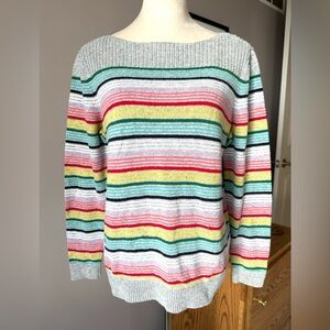 Talbots cotton blend striped sweater long sleeves boat neckline gray medium
